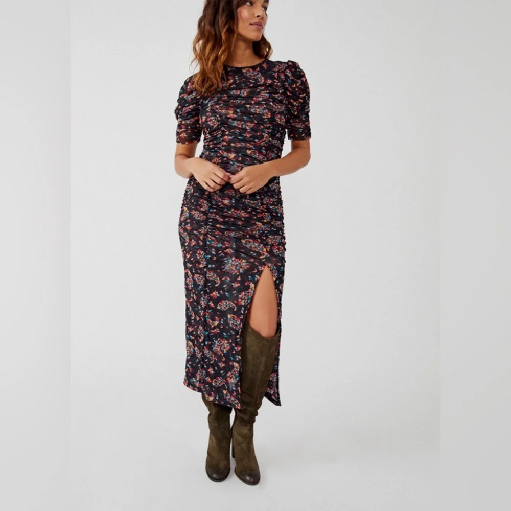 Free People briella twilight combo floral Black and Red Floral ruched mesh dress - Picture 2 of 11